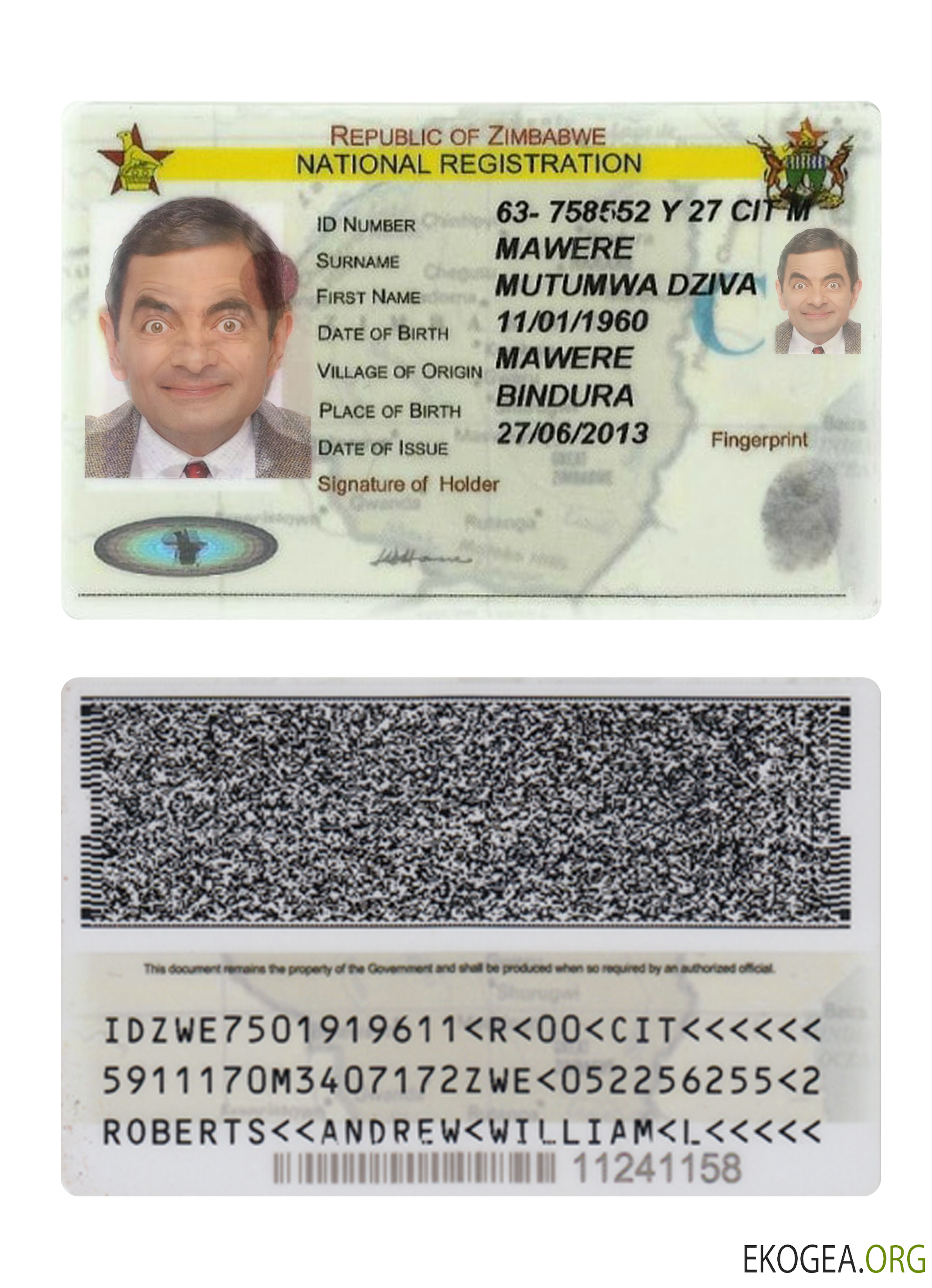 Carte d'identité nationale d'enregistrement du Zimbabwe